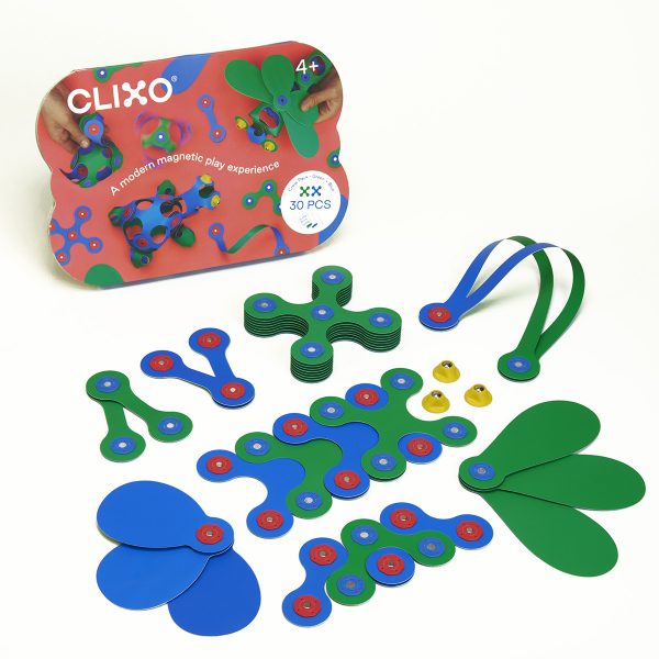 Colorful Clixo shapes and magnetic construction toy pieces spread out next to their crew pack packaging.