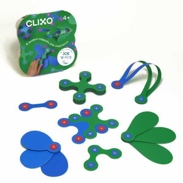 A variety of colorful, magnetically interlocking Clixo shapes displayed on a flat surface, next to their mini pack packaging.