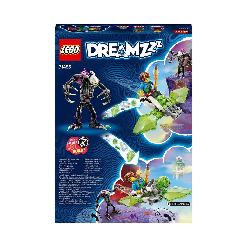 image shows the LEGO Dreamzzz back of the box. The slime flyer is zipping away from the mighty Grimkeeper.