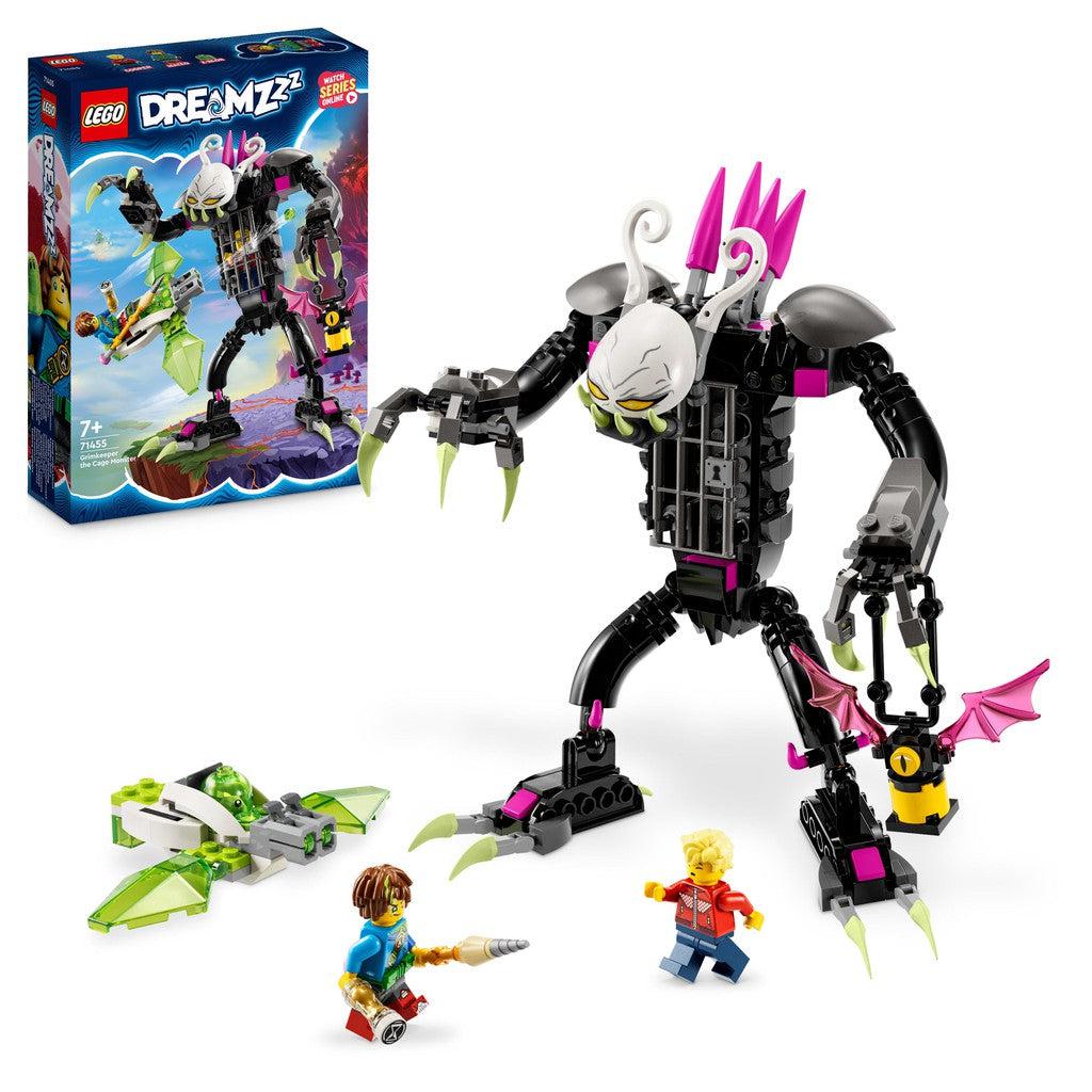 image shows the LEGO dreamzzz fearsome Grimkeeper the cagemonster. a large monster shaped like a humanoid with a cage on its gut. its holding a lamp and causing chaos for the heros of Dreamzzz.
