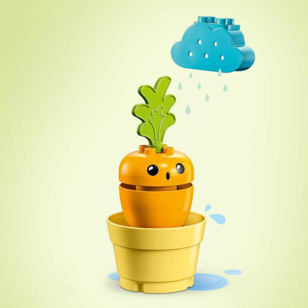 Image showing that you can also "water" the carrot with the included LEGO raincloud.
