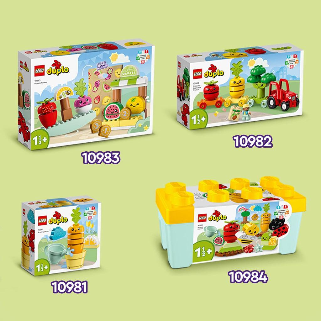 Image of the three other LEGO Duplo organic playsets. Their set codes are 10982, 10983, and 10984.