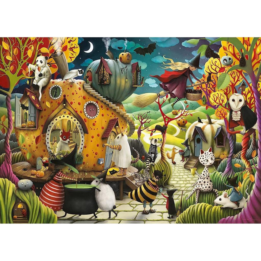 Image of the finished puzzle. It is a cartoon illustrated scene of many different animals wearing costumes and going trick or treating.