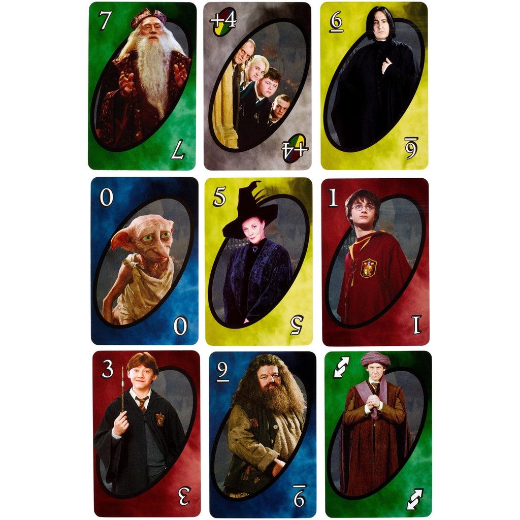 Shows examples of some of the cards included in the Harry Potter UNO deck. Each number has a different character on it, including the specialty action cards.