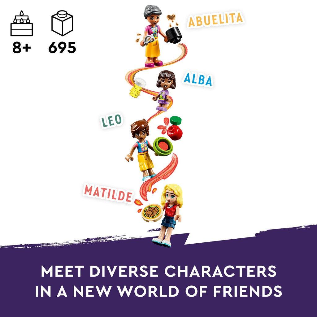for ages 8 and up, 695 LEGO pieces. Meet diverse characters in a new world of friends. Abuelita Alba Leo Matlide