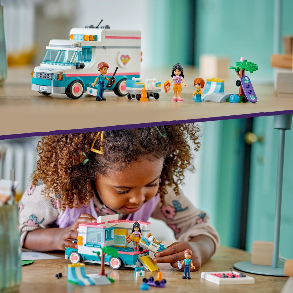 image shows a young girl building and having fun role play with the LEGO friends ambulance.