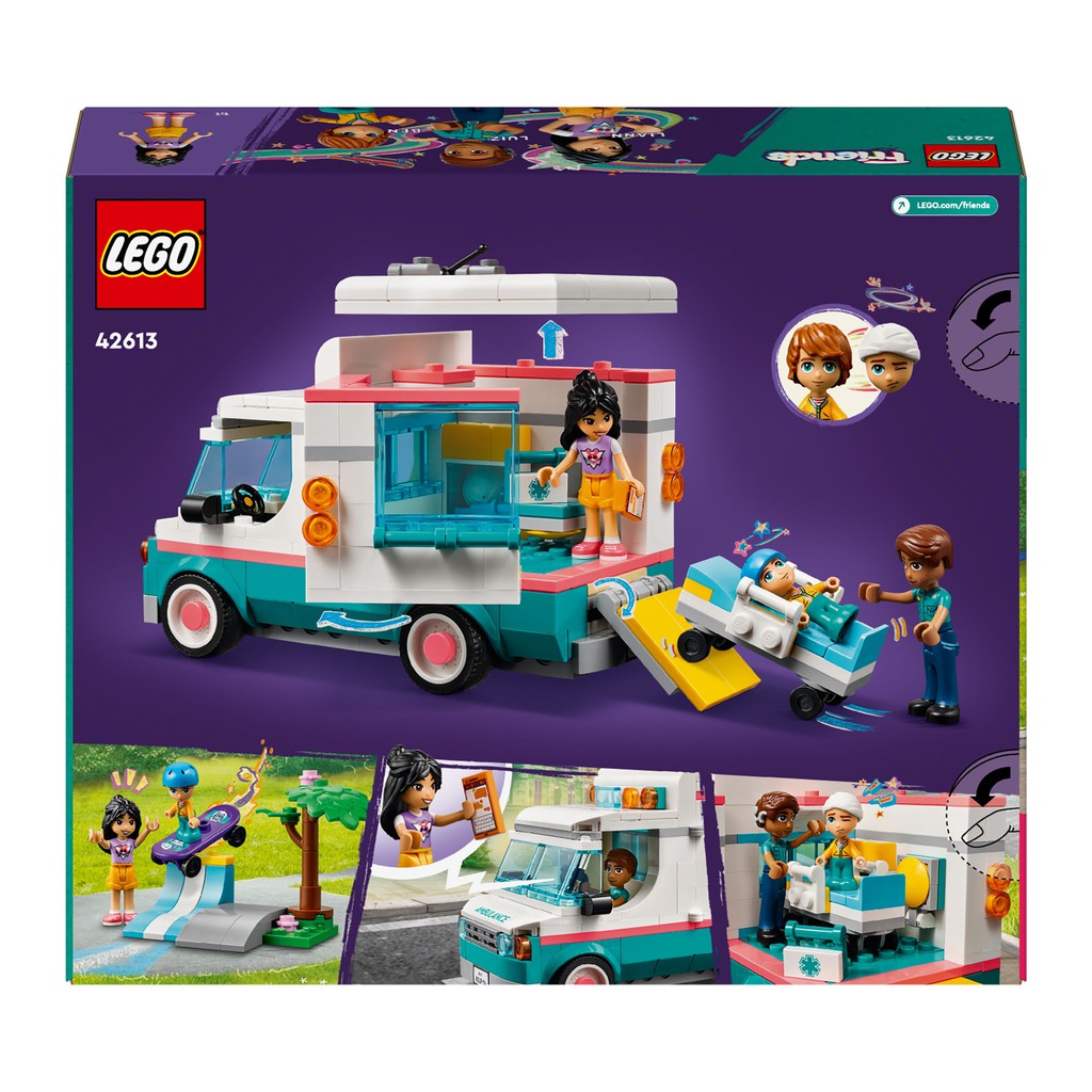 the back of the box shows sthe ambulance opens up and there is a face swap to show an injured LEGO minifigure