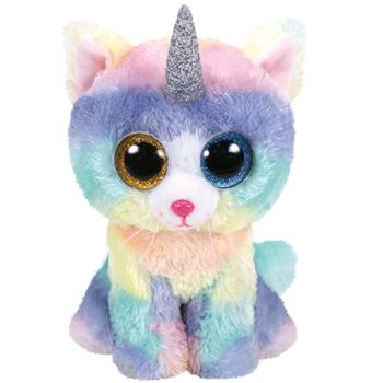 Image of the Heather the Uni-Kitty plush. It is a cat with rainbow fur, a silver unicorn horn, and one gold and one shimmery blue eye.