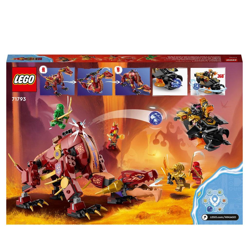 image shows the back of the box with peaceful and battle made. the back shows how to launch the putple dragon power off the dragon