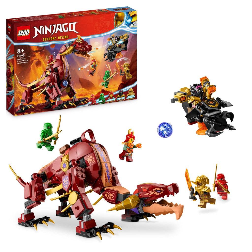 a massive lava dragon takes front and center for the LEGO ninjago dragons rising set. there are several LEGO ninjago  characters running around to fight the dragon. 