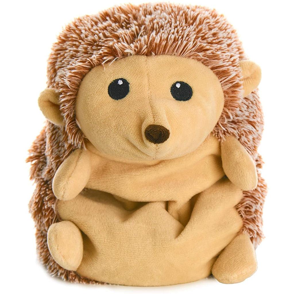 Image of the Hedgehog Warm Pals plush. The plush is tan and brown colored. The soft "spines" on the back of the plush have frosted tips.