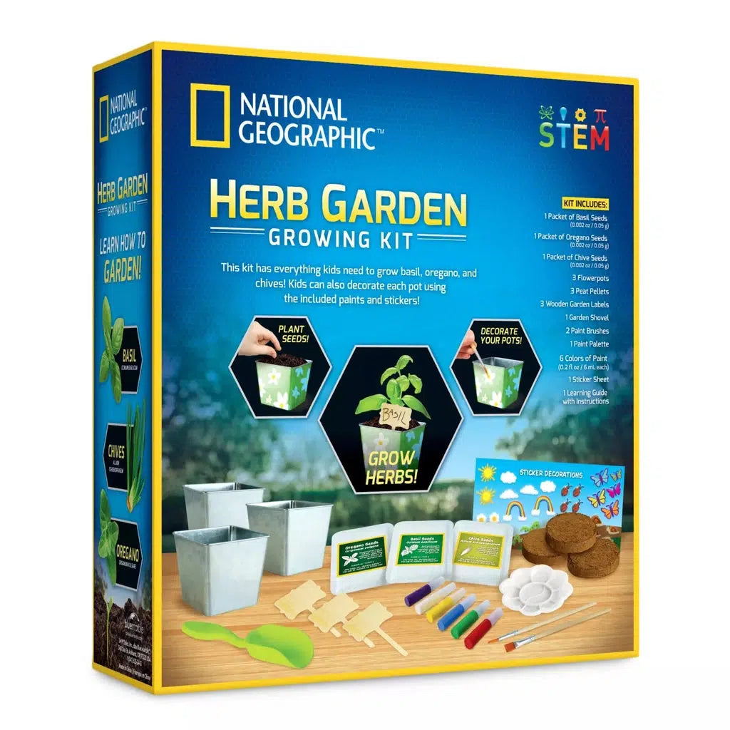 The back of the box has text that reads "This kit has everything kids needs to grow basil, oregano, and chives! Kids can also decorate each pot using the included paints and stickers!." in addition three signs illustrate planting seeds, growing herbs, and decorating the pot.