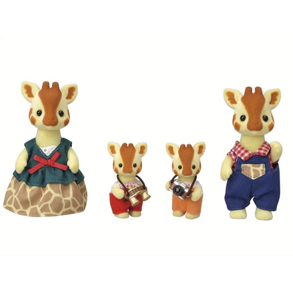 Image of the Highbranch Giraffe Family figurine set. It comes with a mom giraffe, a dad giraffe, and two baby giraffes. They are all wearing old-fashioned clothing like they are ready for a picnic.