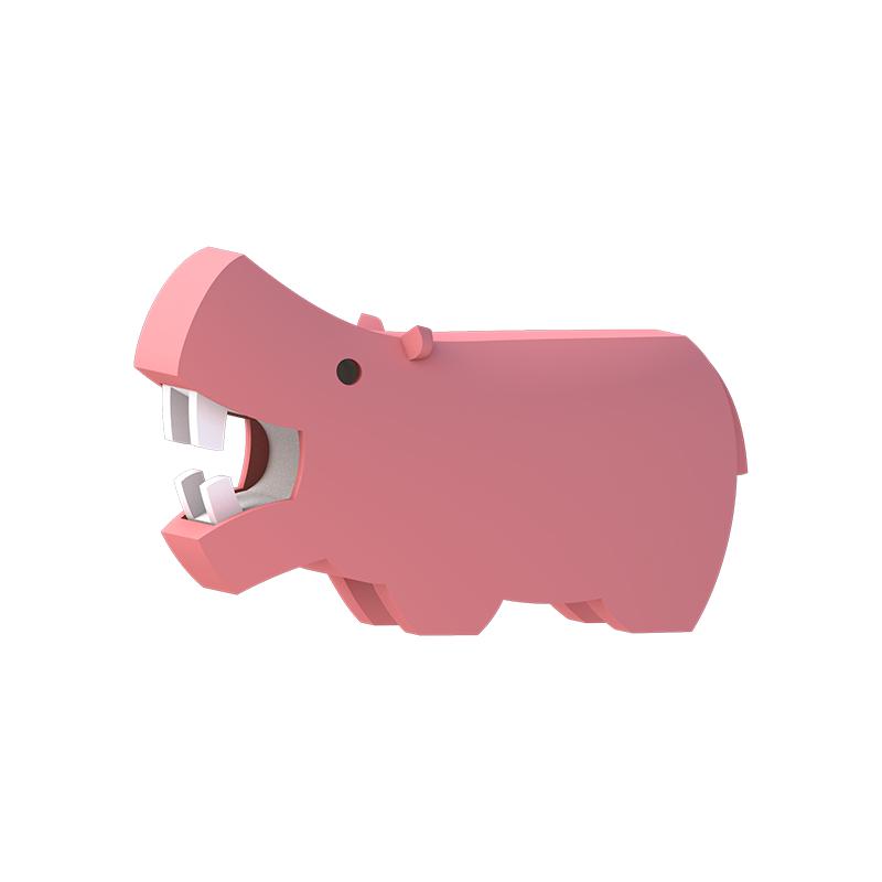 Image of the Hippo figurine. It is a pink geometric hippo with its mouth open showing long rectangular teeth.