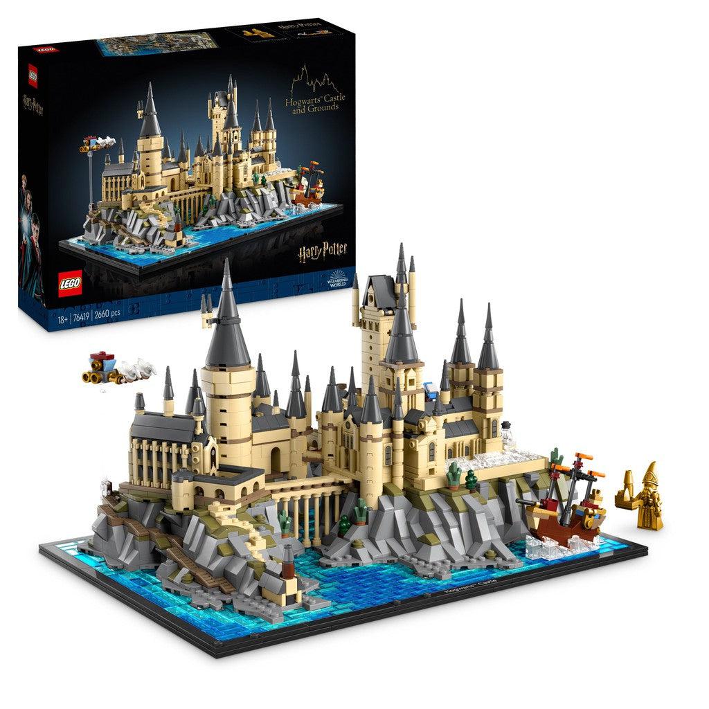 Image shows the LEGO Harry Potter Catle. Build and explore hogwarts castle and the grounds with lego! the walls are a beige color with grey rooftops