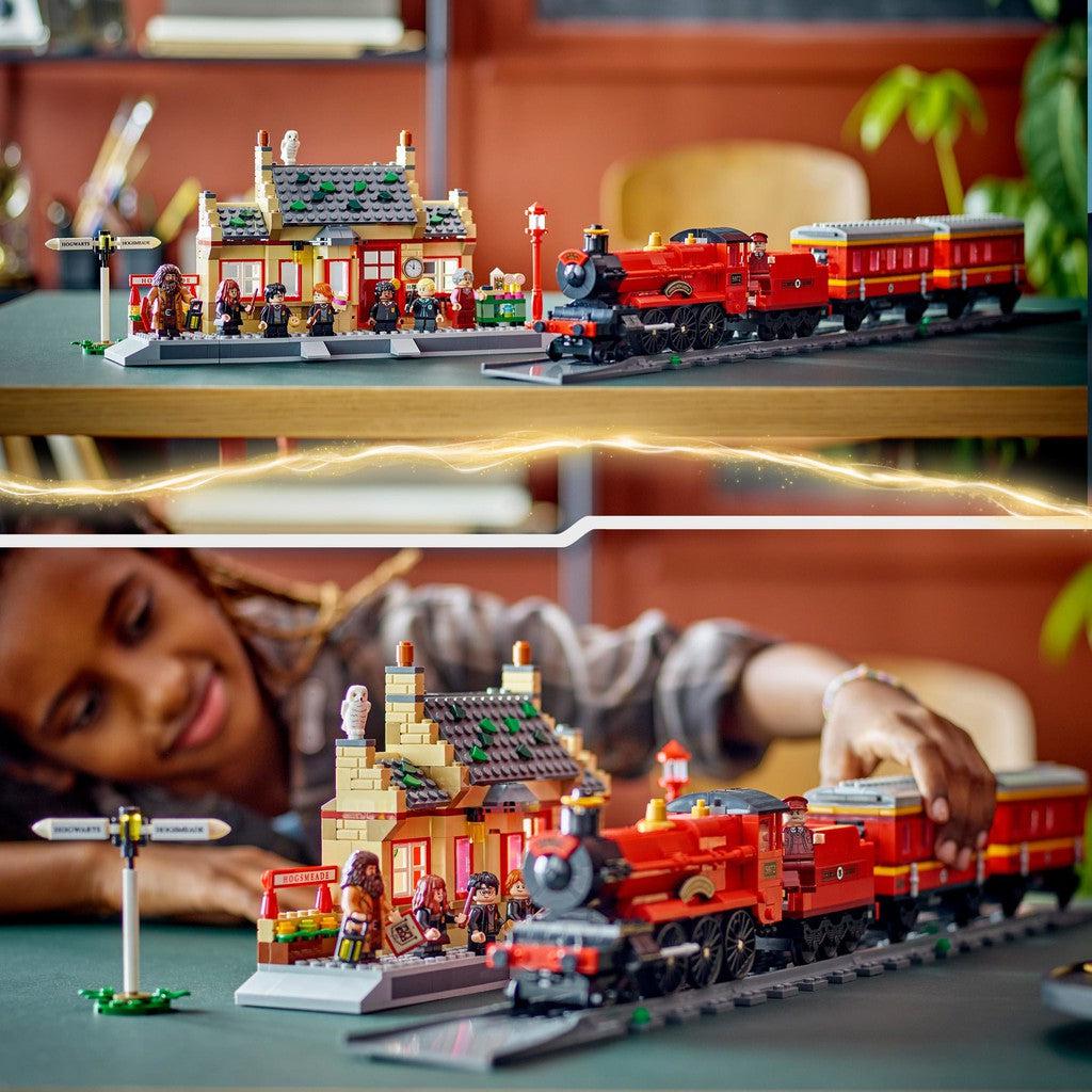 image shows a girl looking at the fully build hogwards express on the tracks