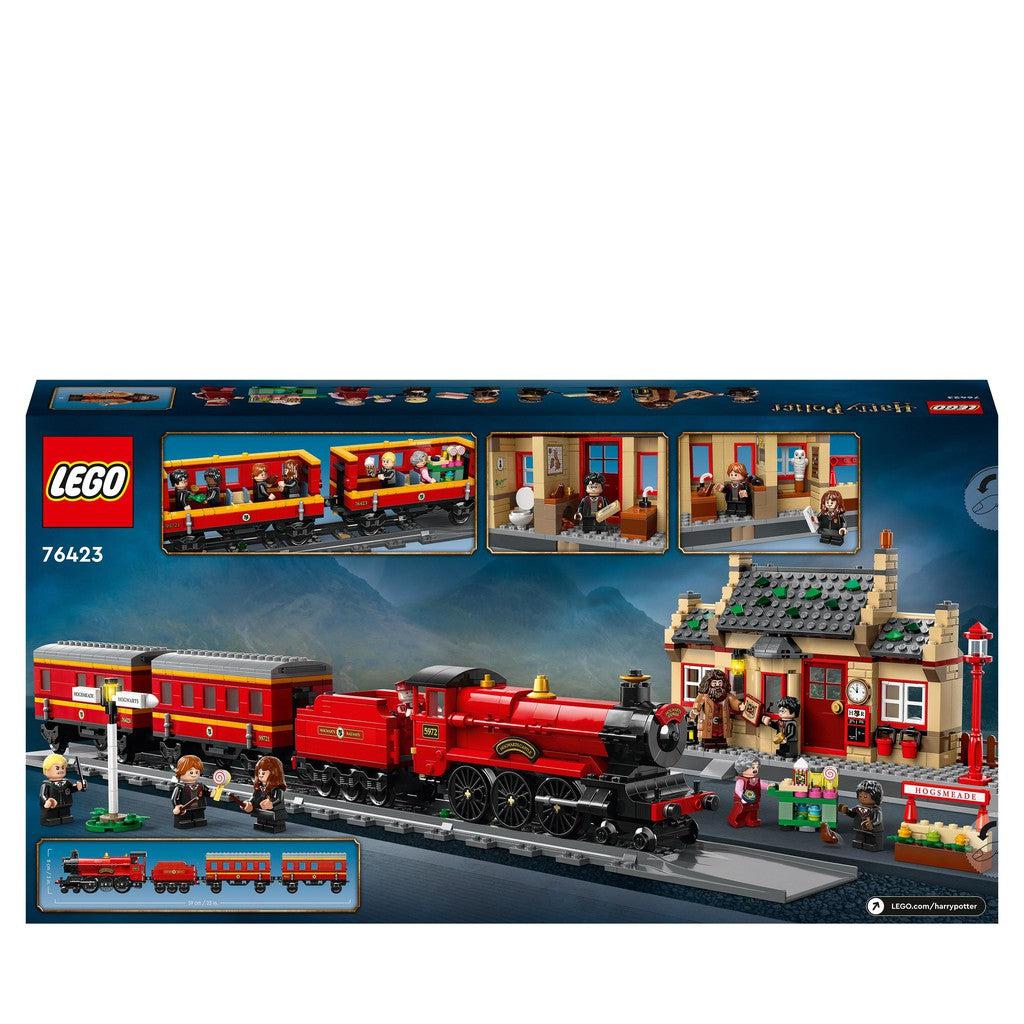 image shows the back of the box with the train, hogsmeade and the inside look of the train and pub
