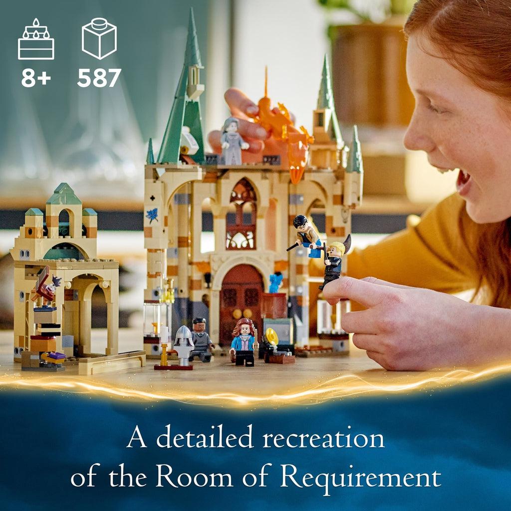 Image of girl building the set. Recommended Age: 8+ Number of Pieces: 587 Caption: A detailed recreation of the Room of Requirement