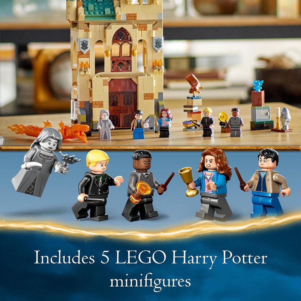 Up close image of the five included minifigures. These include Harry, Hermione, Draco, Blaise Zabini, and The Grey Lady.