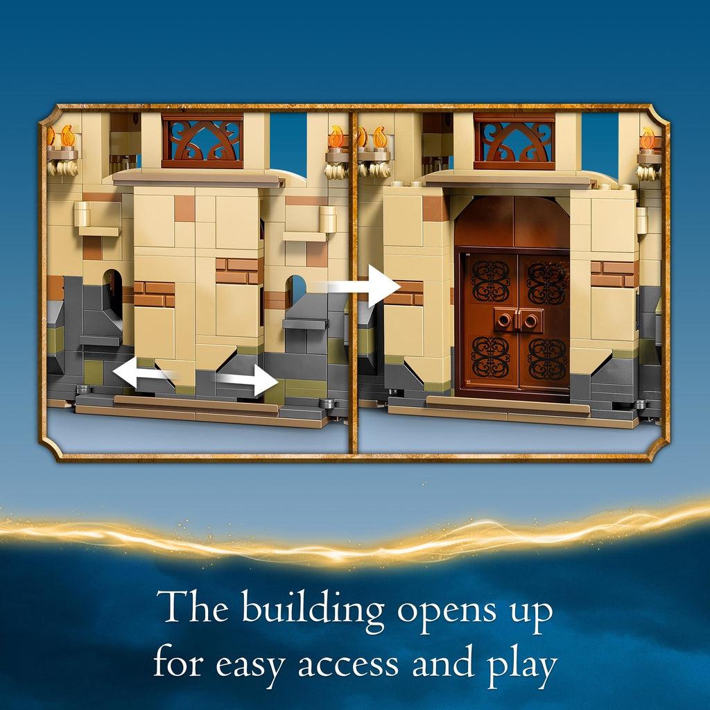 Shows that you can hide the door to the Room of Requirement with a sliding wall mechanism. Caption: The building opens up for easy access and play