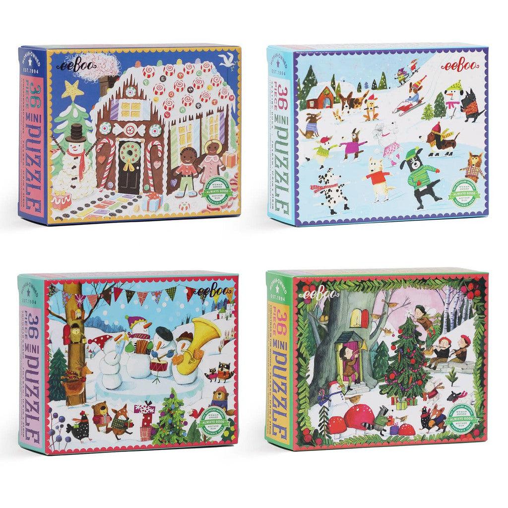 image shows the 4 vibrant holiday puzzles nexxt to each other, there is a snowman, gingerbread hut, skating animals, and a Christmas tree. 