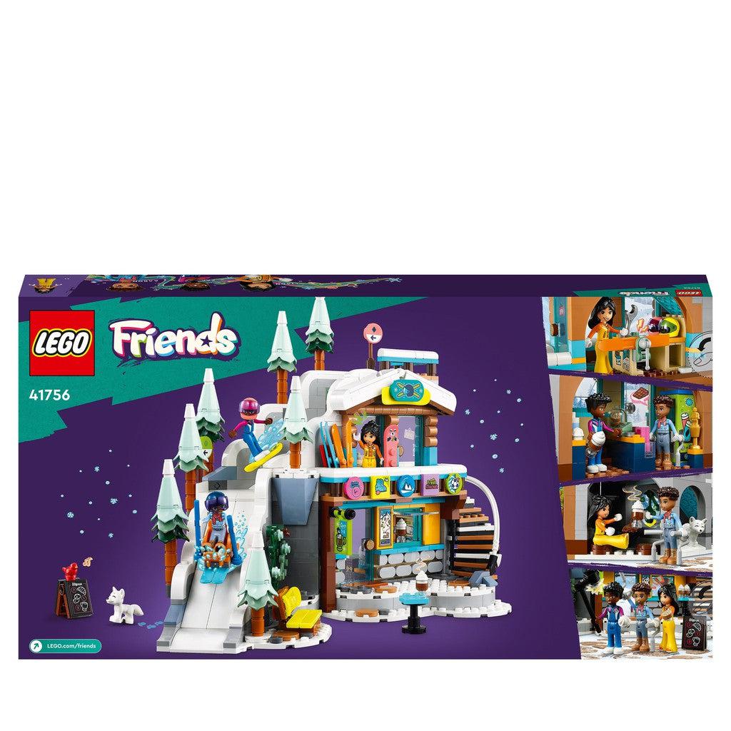 image shows the back of the box with the ski slope. Role Play witht eh LEGO friends around the ski and cafe lodge