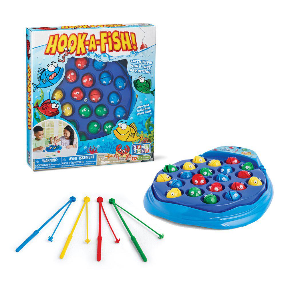 The box is in the background with the game up front including four fish hooks and a pond where colored fish open and close their mouths to be hooked