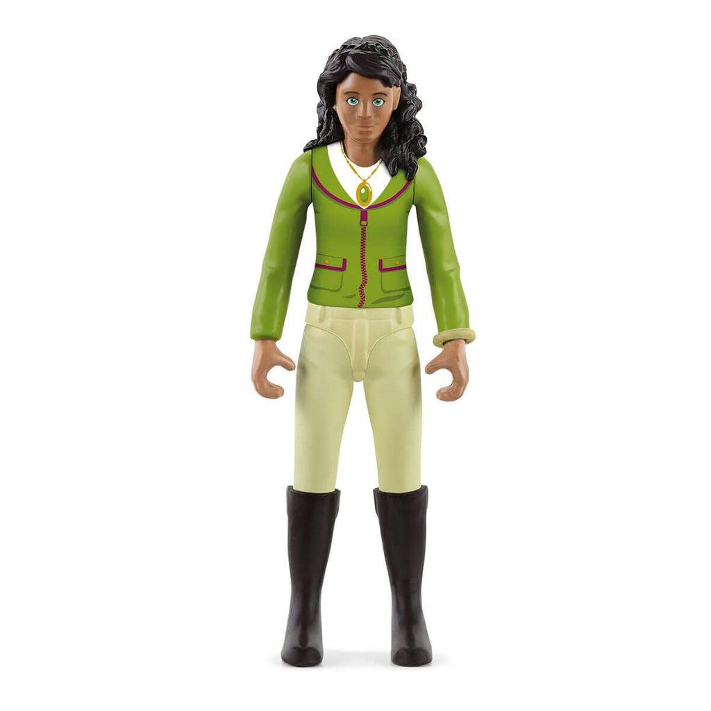 Image of the set outside of the packaging. It includes the rider Sarah and her horse. She is wearing a green riding jacket and tan jockey pants.