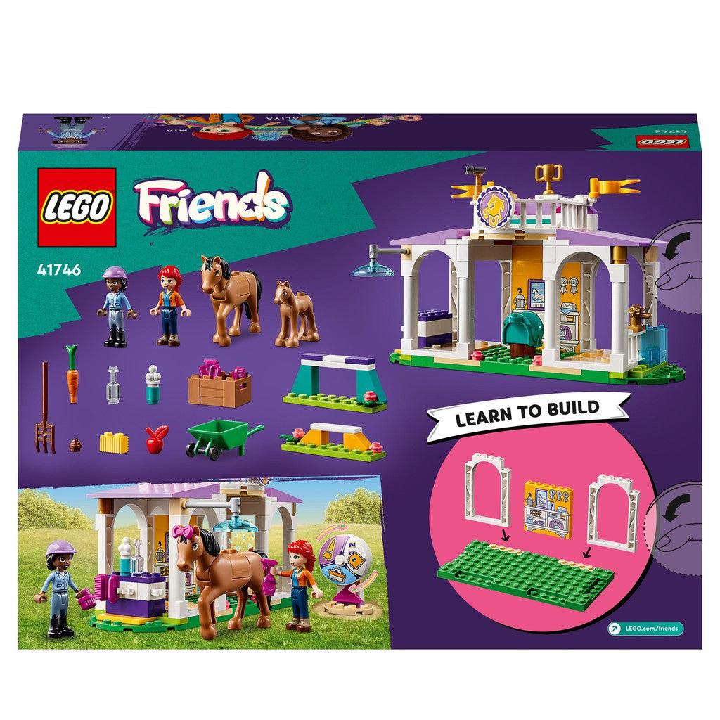 image shows the back of the box for the LEGO friends horse training set. learn to build and play with horses