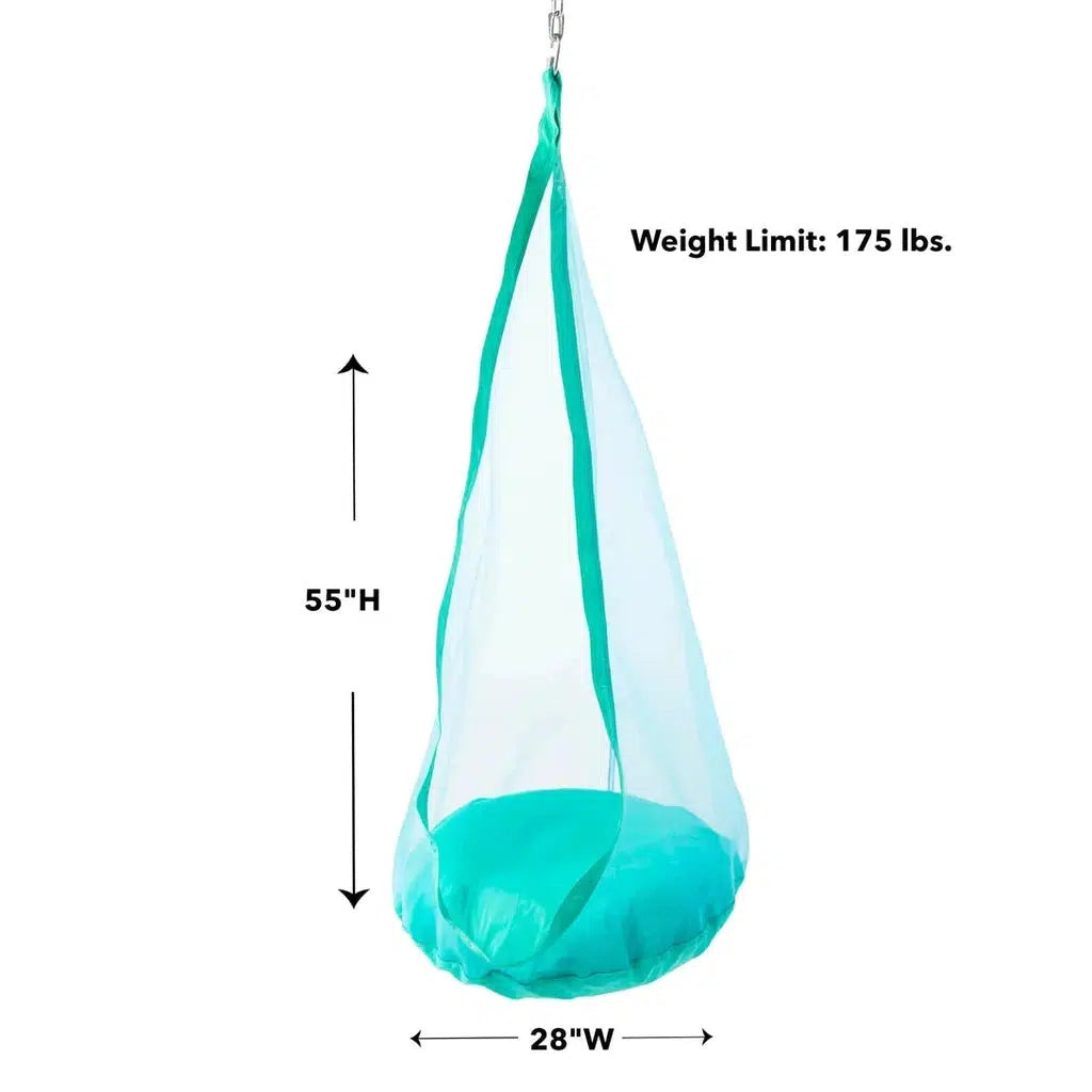 image shows the pod with a width of 28 inches. height of 55 inches and a weight limit of 175 lbs. there is an enterance into the mesh to sit on the pod