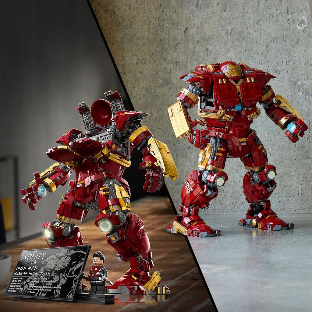 two images split in the middle, left shows hulkbuster with cockpit opened next to display plaque and minifig, right shows hulkbuster on a concrete floor