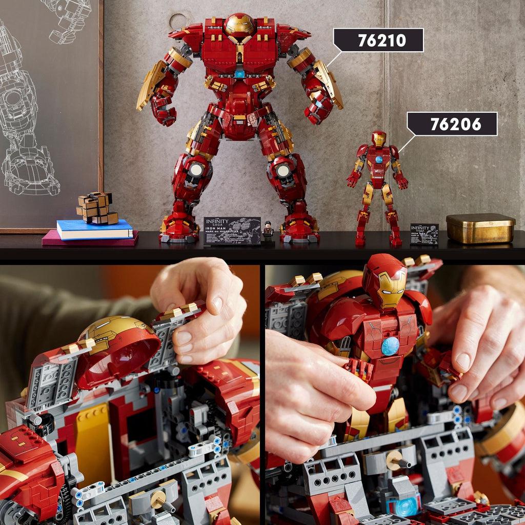 top shows hulkbuster (76210) and iron man suit (76206 sold seperately) | bottom shows cockpit opens on the hulkbuster and the iron man suit can be placed inside as well like the minifigure