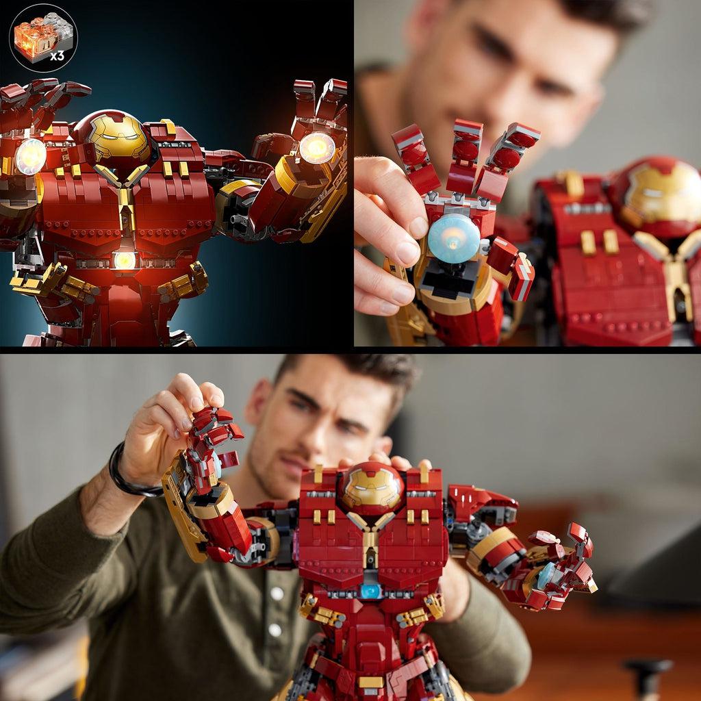 3 images showing that the arms of the hulkbuster can be moved around and posed and the palms have light up bricks where the beams are fired from in the movies