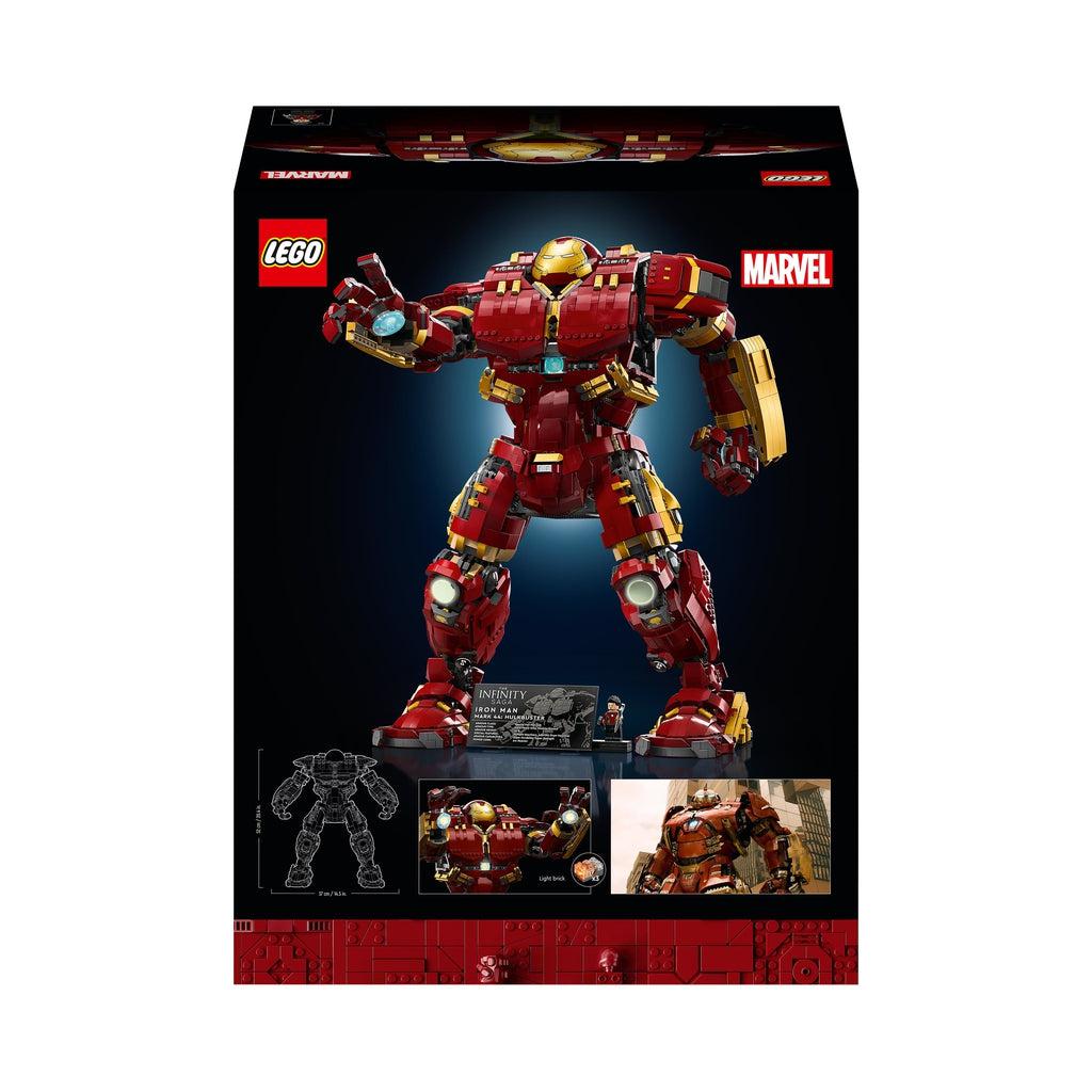back of the box shows the build and the plaque, the dimensions, an image showing the light up bricks, and a shot of the hulkbuster in the avengers movie