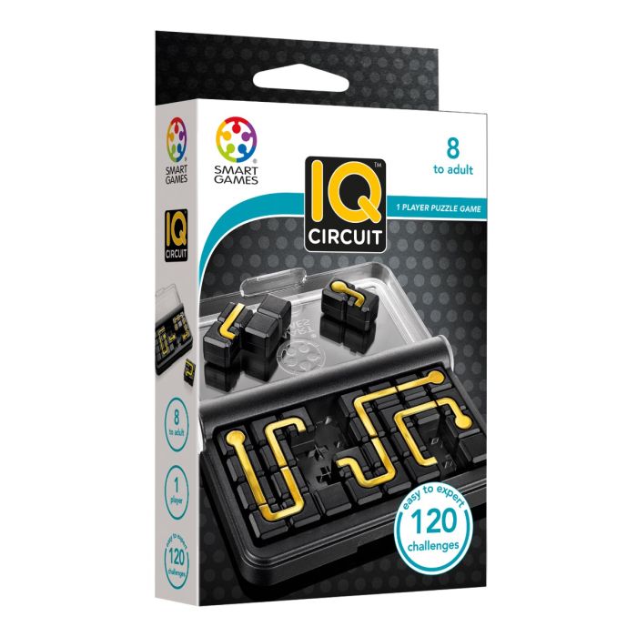 Image of the box for the game IQ Circuit. On the front is a picture of the the puzzle game mid play through.