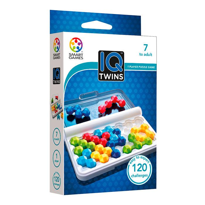 image shows the box for IQ Twins. its a case that opens up to a puzzle brain teaser with colored connected 3D Hexagons.
