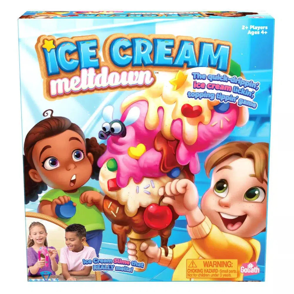 this image shows the game ice cream meltdown, with text reading the quick dripping ice cream licking topping tipping game. ice cream slime that really melts." two cartoon kids are stacking toppings on top of melting ice cream in the game