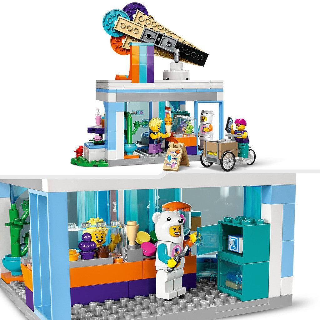 image shows the inside of the ice cream shop build the shop and have vibrant comstomers get some LEGO ice cream