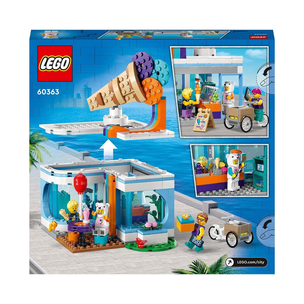 image shows the back of the LEGO box there are scenes of LEGO people moving around the vibrant shop