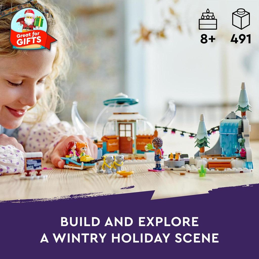 for ages 8+ with 491 LEGO pieces inside. Build and explore a wintry holiday scene. 