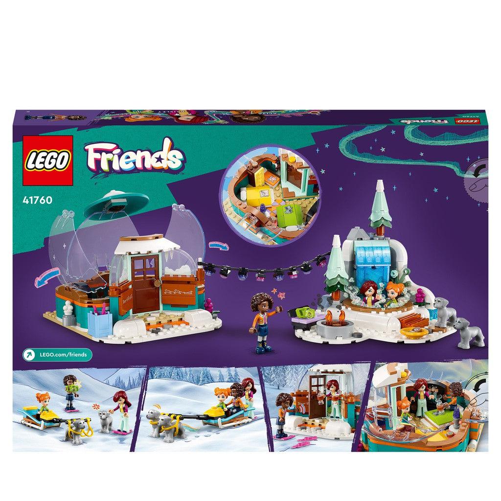 image shows the back of the LEGO igloo box. open the igloo dome and play with the LEGO friends characters. 