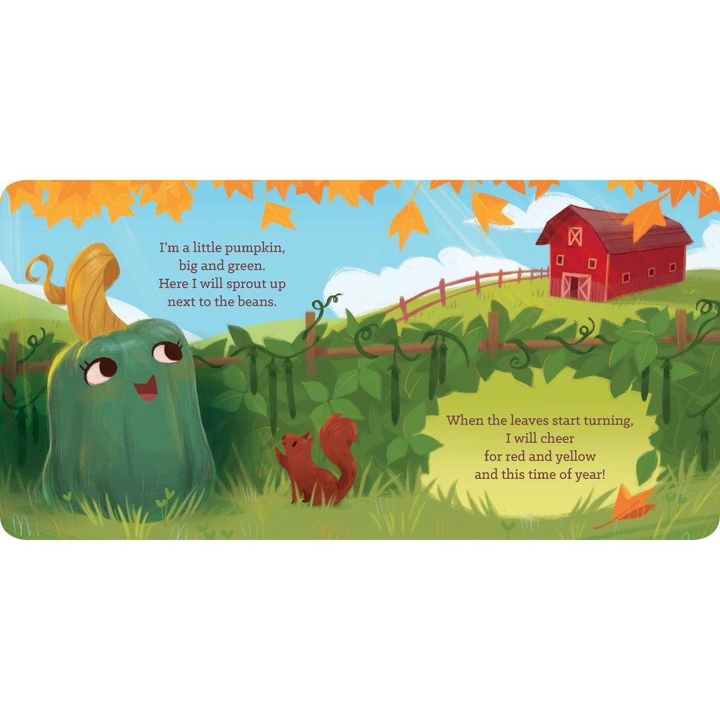 Example of one of the open pages. It has a scene of a pumpkin looking at a farm.