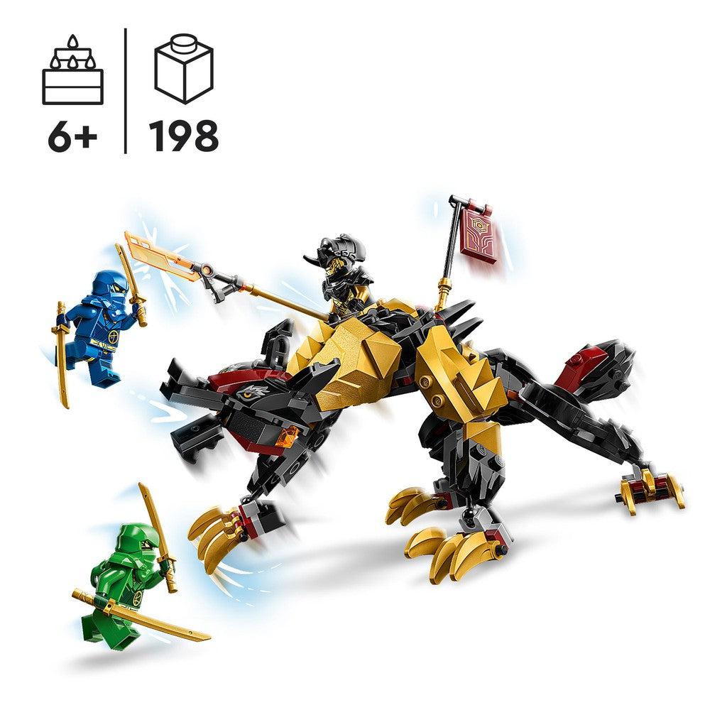 for ages 6+ with 198 LEGO pieces. two lego ninhago characters are fighting the hound and one character is riding the hound and using a lego glaive to attack.