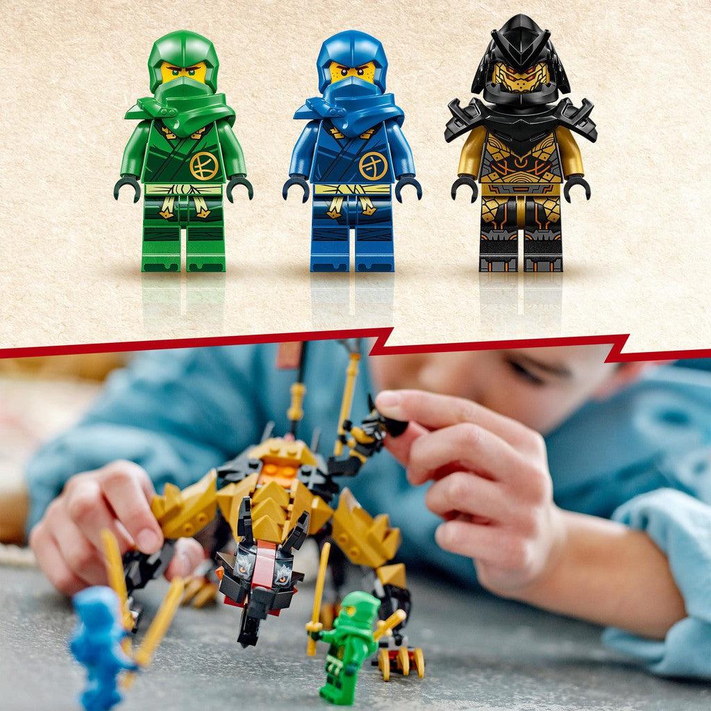 image shows a child building the imperial hound and a close up on the three Ninjago characters, two ninjas and one imperial fighter