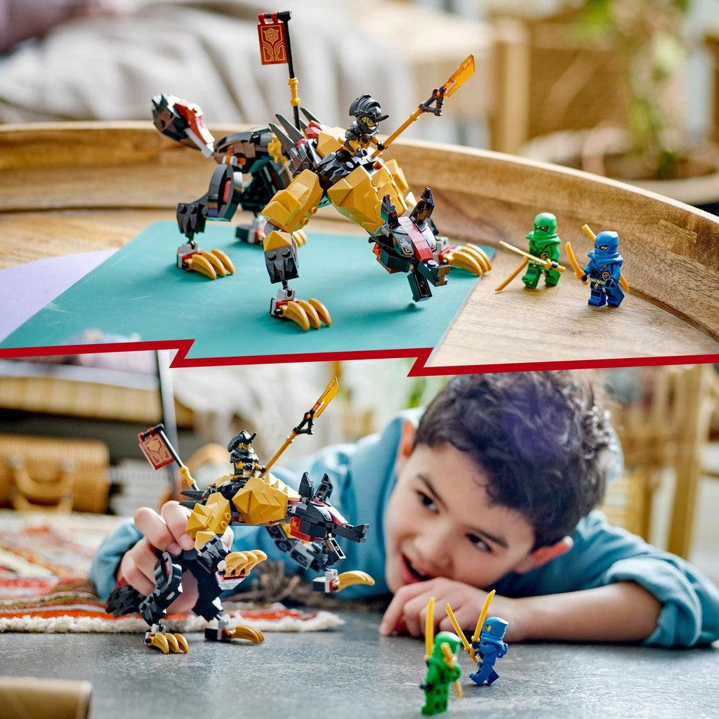 image ssoes a child playing with the imperial hound to fight against the LEGO ninjago characters. 