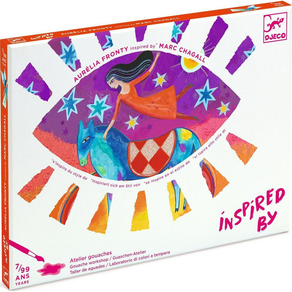 Image of the packaging for the In a Dream Gouache art kit. On the front is an eye shape with a famous painting by Marc Chagall inside.