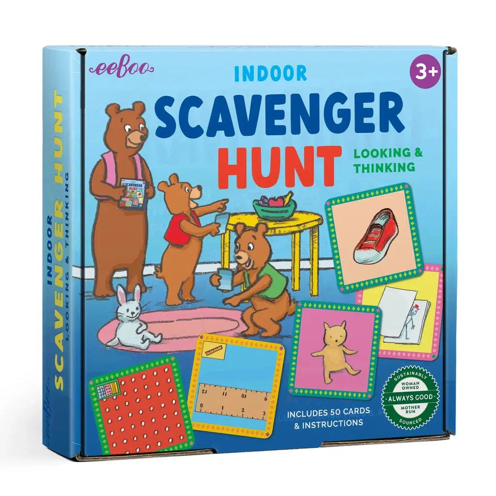 This image shows the box for the indoor scavenger hunt, looking ans thinking. there are pictures of flash cards on the front showing things for a child to find in a house