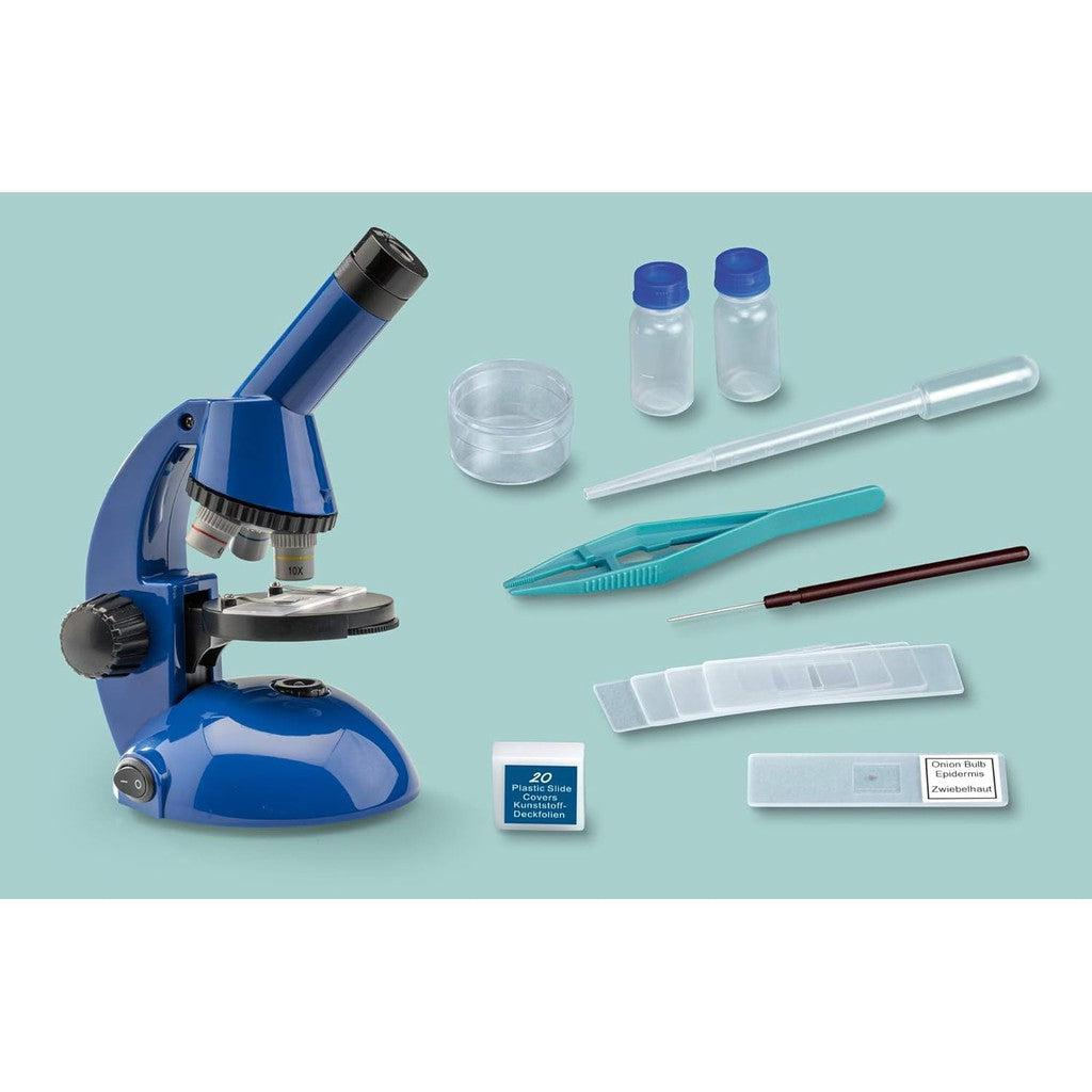 image shows all the equipments, from plastic slides, covers. tweezers and more to study cells up close. 