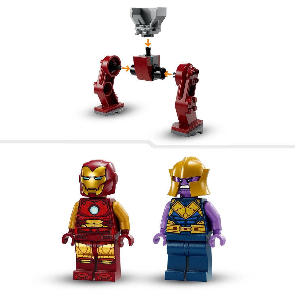 image shows the LEGO hulkbuster legs come together in easy ways to learn to buld with lego. there is also a thanos and iron man LEGO characters