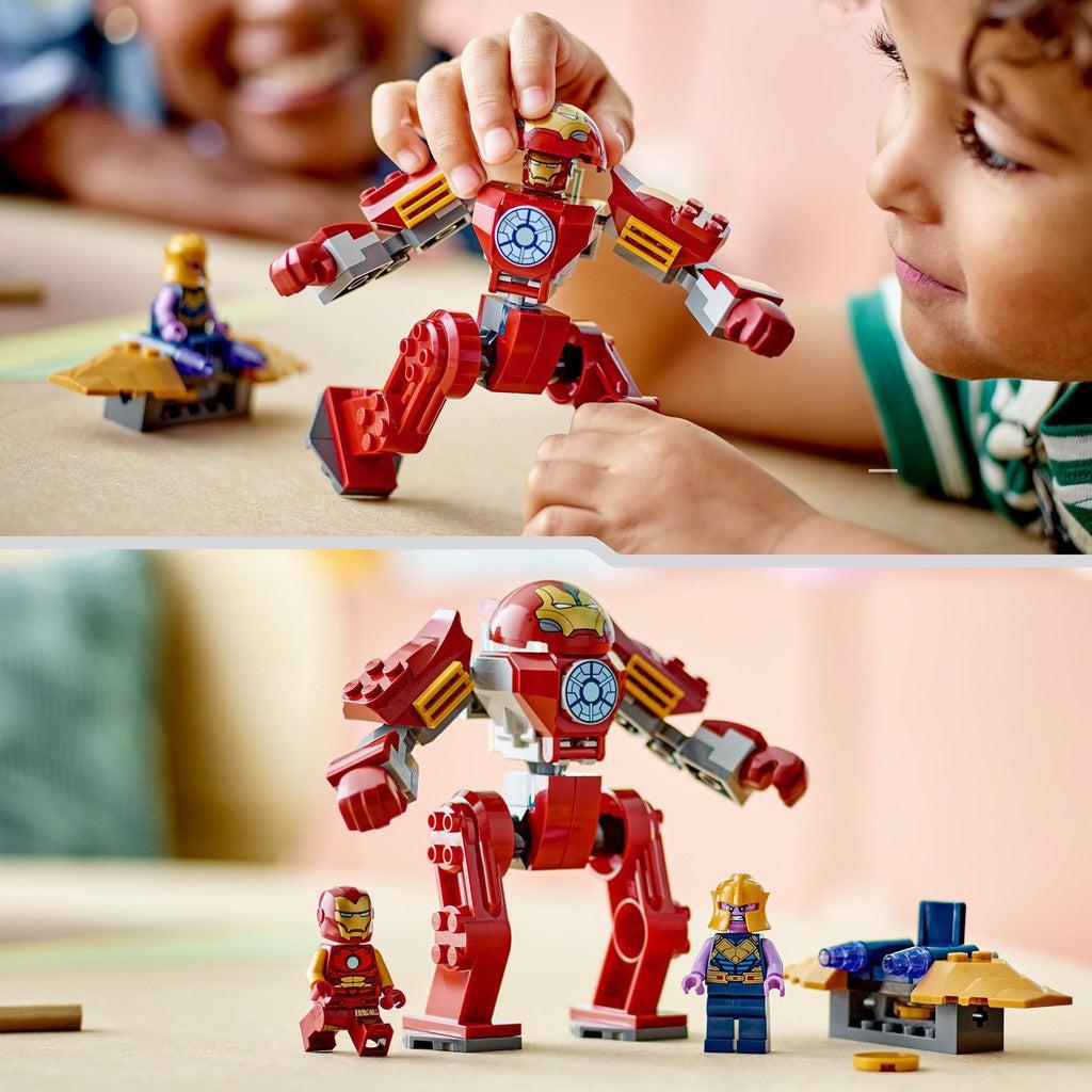 image shows a child building up and playing with the iron man Hulkbuster